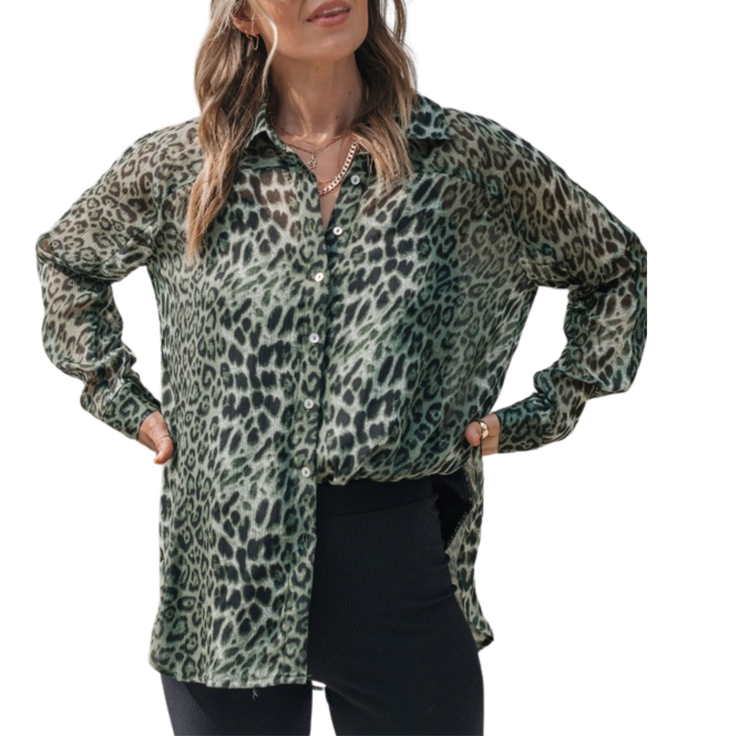 Leopard Print Oversized Green Blouse - Touch Me Textures