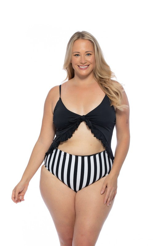 BLACK AND STRIPED CUTOUT ONE PIECE SWIMSUIT - Touch Me Textures