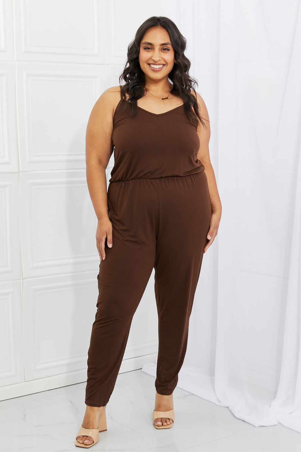 Capella Comfy Casual Full Size Solid Elastic Waistband Jumpsuit in Chocolate - Touch Me Textures