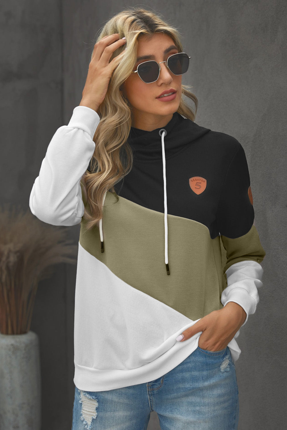 Full Size Range Color Block Cowl Neck Hoodie - Touch Me Textures