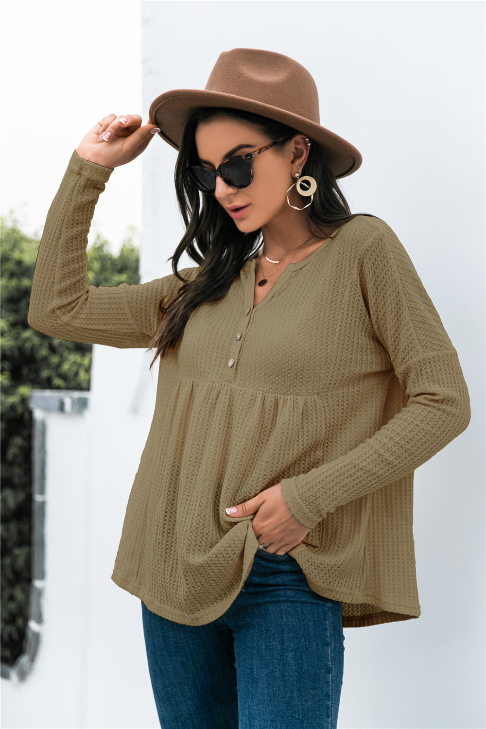 Button Front Waffle Knit Babydoll Top - Touch Me Textures