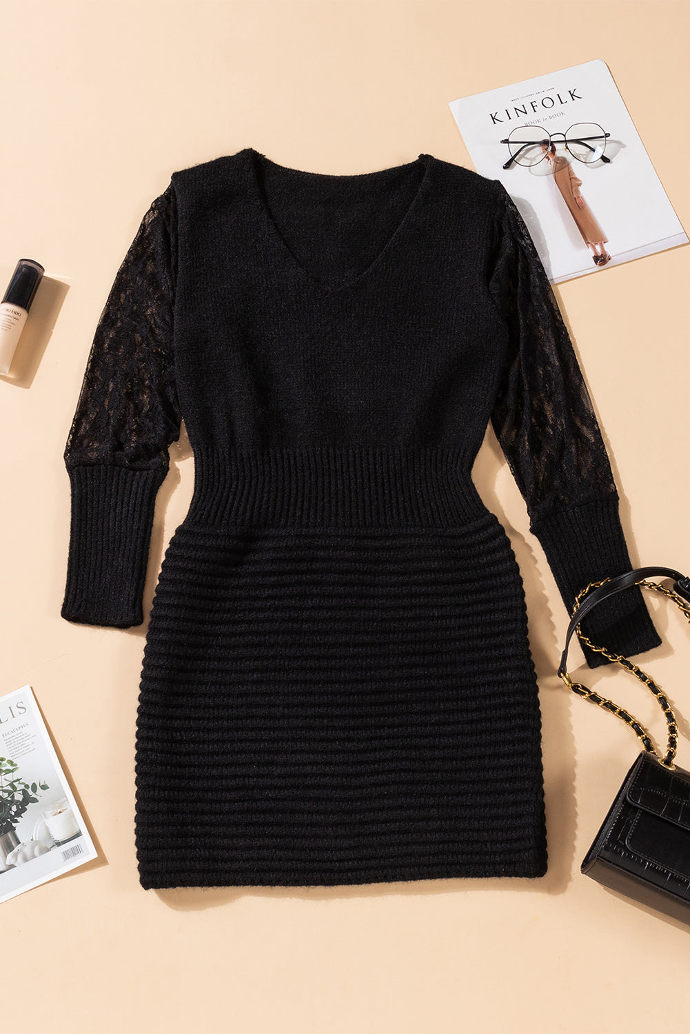 Lace Sleeve V-Neck Knit Dress - Touch Me Textures