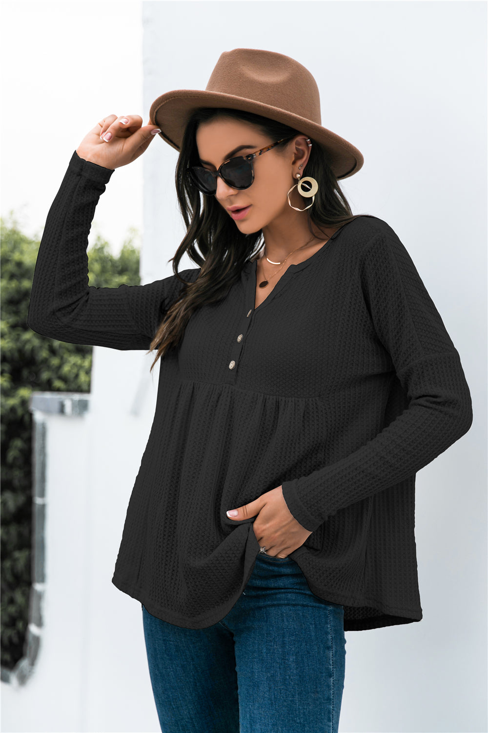 Button Front Waffle Knit Babydoll Top - Touch Me Textures