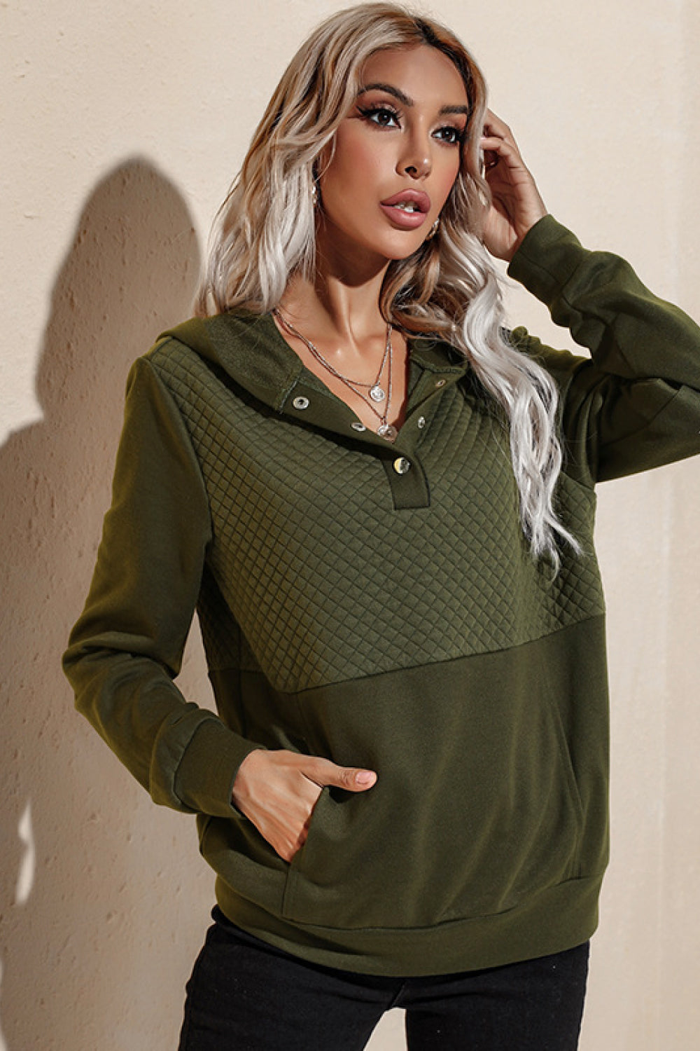 Quilted Patchwork Button Sweatshirt Hoodie - Touch Me Textures