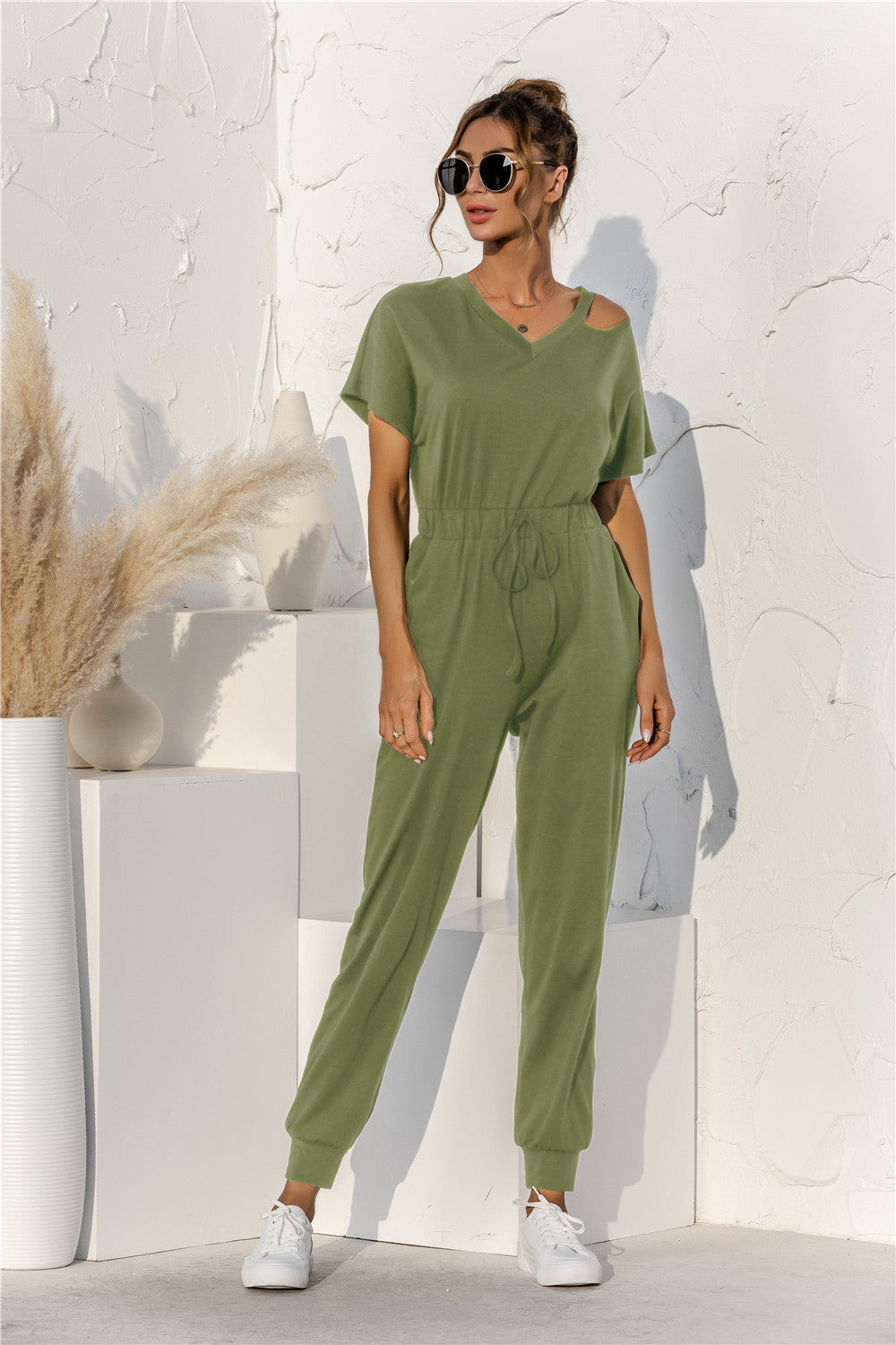 Cut Out V-neck Drawstring Jumpsuit - Touch Me Textures