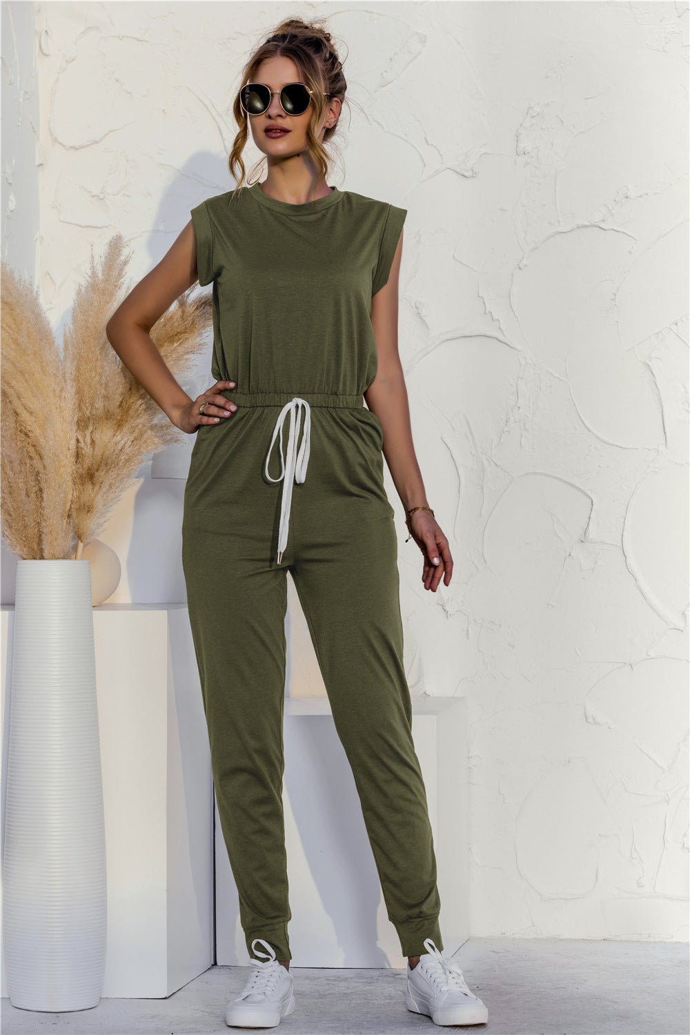 Sleeveless Knot Waist Jumpsuit - Touch Me Textures