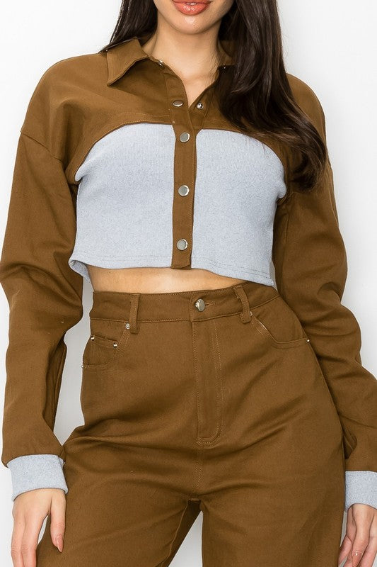 CONTRAST RIB WAIST CROP JACKET AND PANTS SET