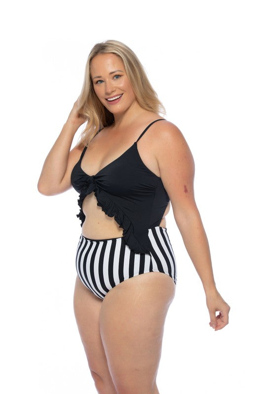 BLACK AND STRIPED CUTOUT ONE PIECE SWIMSUIT - Touch Me Textures