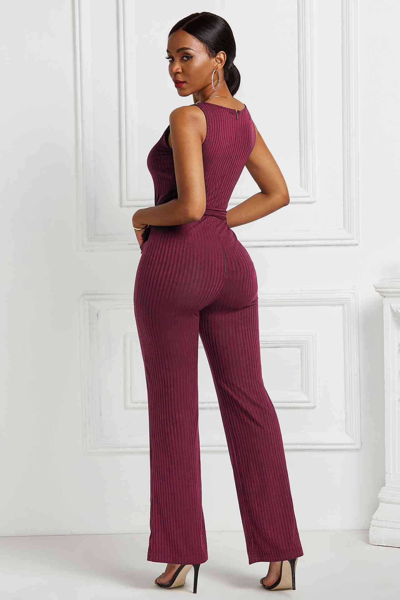 Button Detail Tie Waist Jumpsuit with Pockets - Touch Me Textures