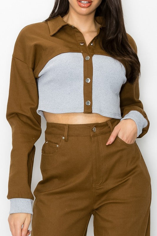 CONTRAST RIB WAIST CROP JACKET AND PANTS SET