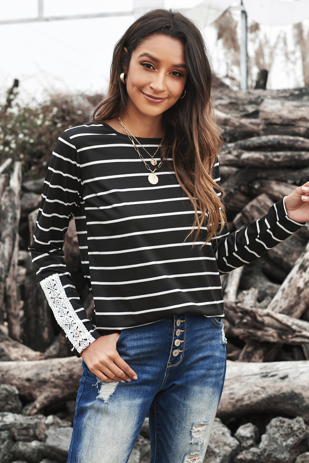 Striped Lace Button Detail Top - Touch Me Textures