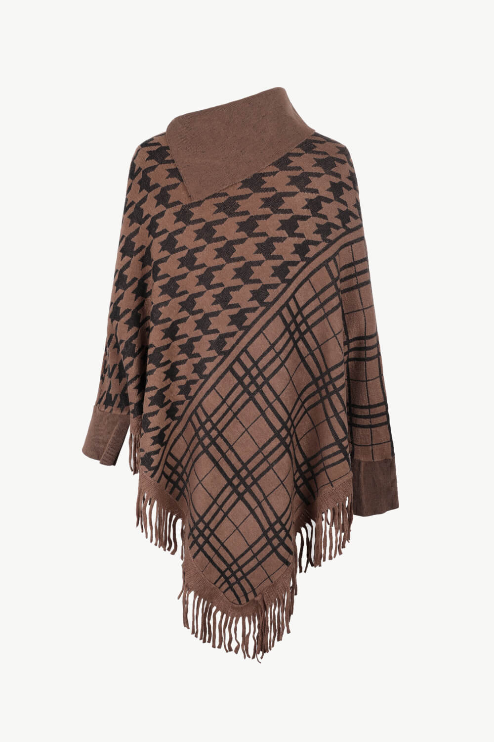 Houndstooth Turtleneck Fringe Hem Poncho