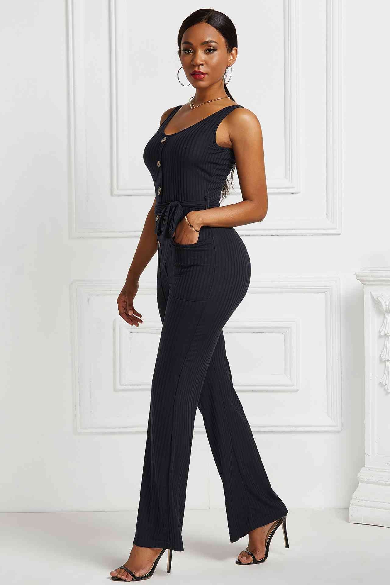 Button Detail Tie Waist Jumpsuit with Pockets - Touch Me Textures