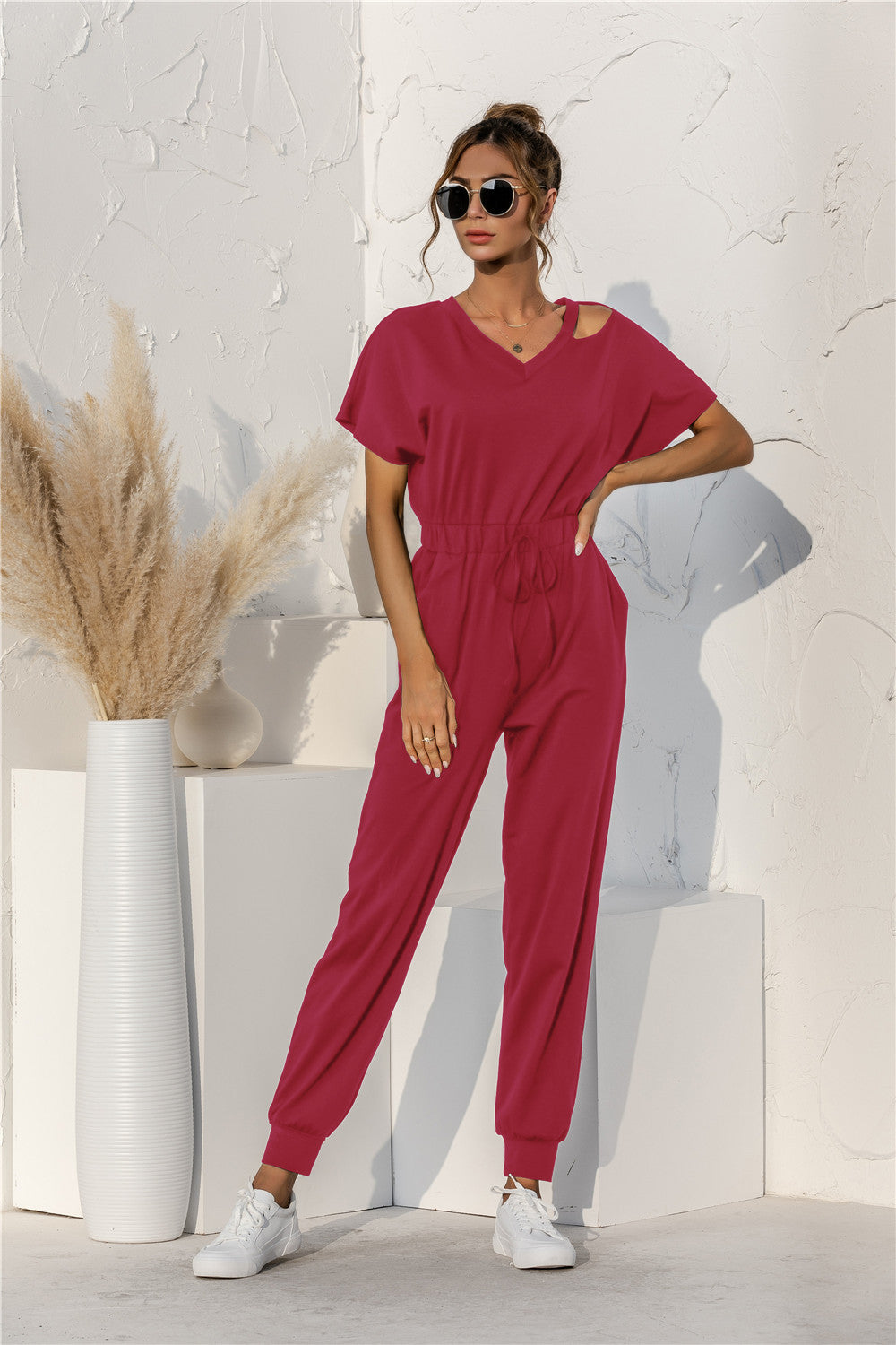 Cut Out V-neck Drawstring Jumpsuit - Touch Me Textures