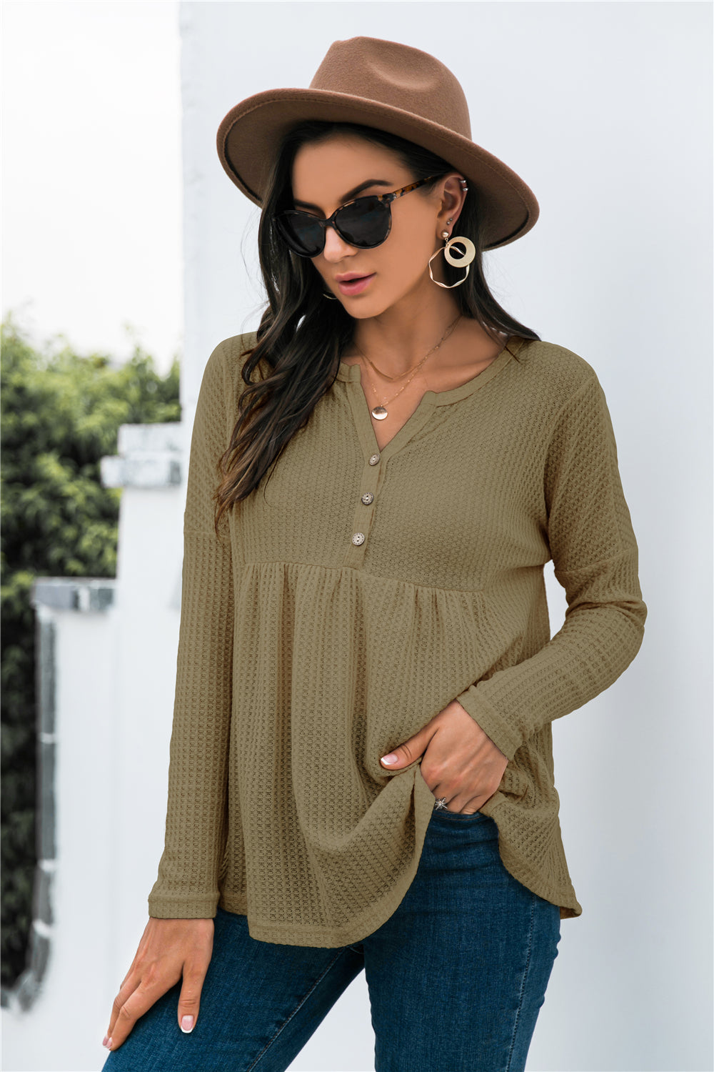 Button Front Waffle Knit Babydoll Top - Touch Me Textures