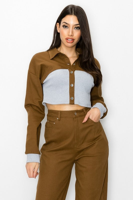 CONTRAST RIB WAIST CROP JACKET AND PANTS SET