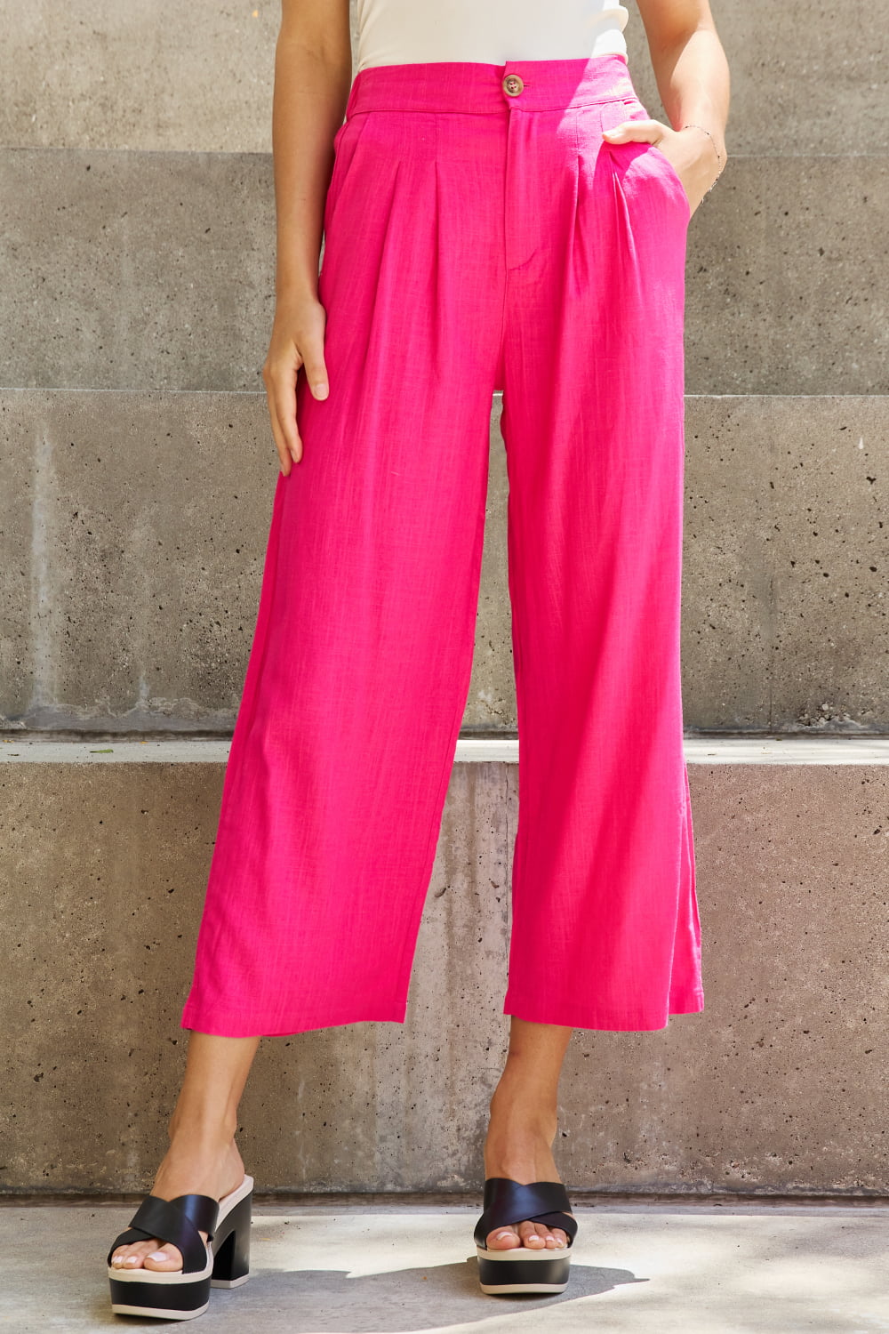 And The Why In The Mix Full Size Pleated Detail Linen Pants in Hot Pink