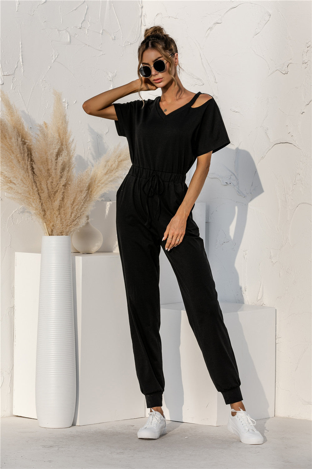 Cut Out V-neck Drawstring Jumpsuit - Touch Me Textures