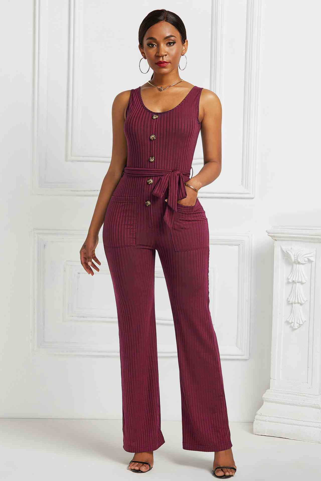 Button Detail Tie Waist Jumpsuit with Pockets - Touch Me Textures