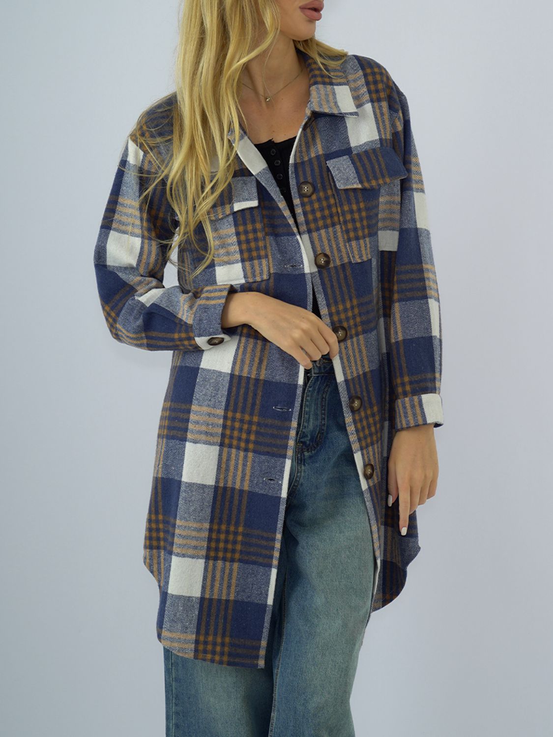 Plaid Collared Neck Long Sleeve Coat