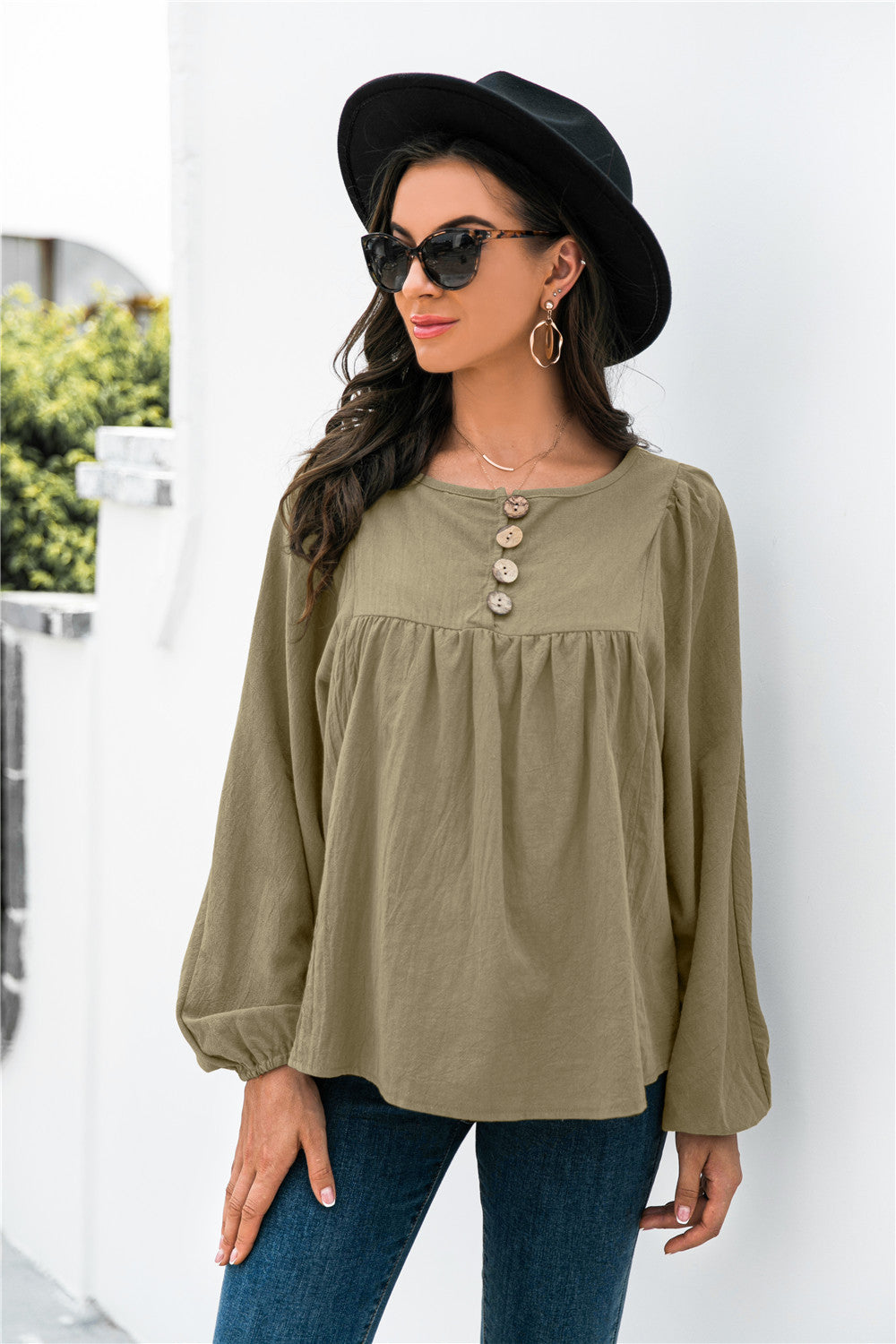 Button Up Balloon Sleeve Blouse - Touch Me Textures