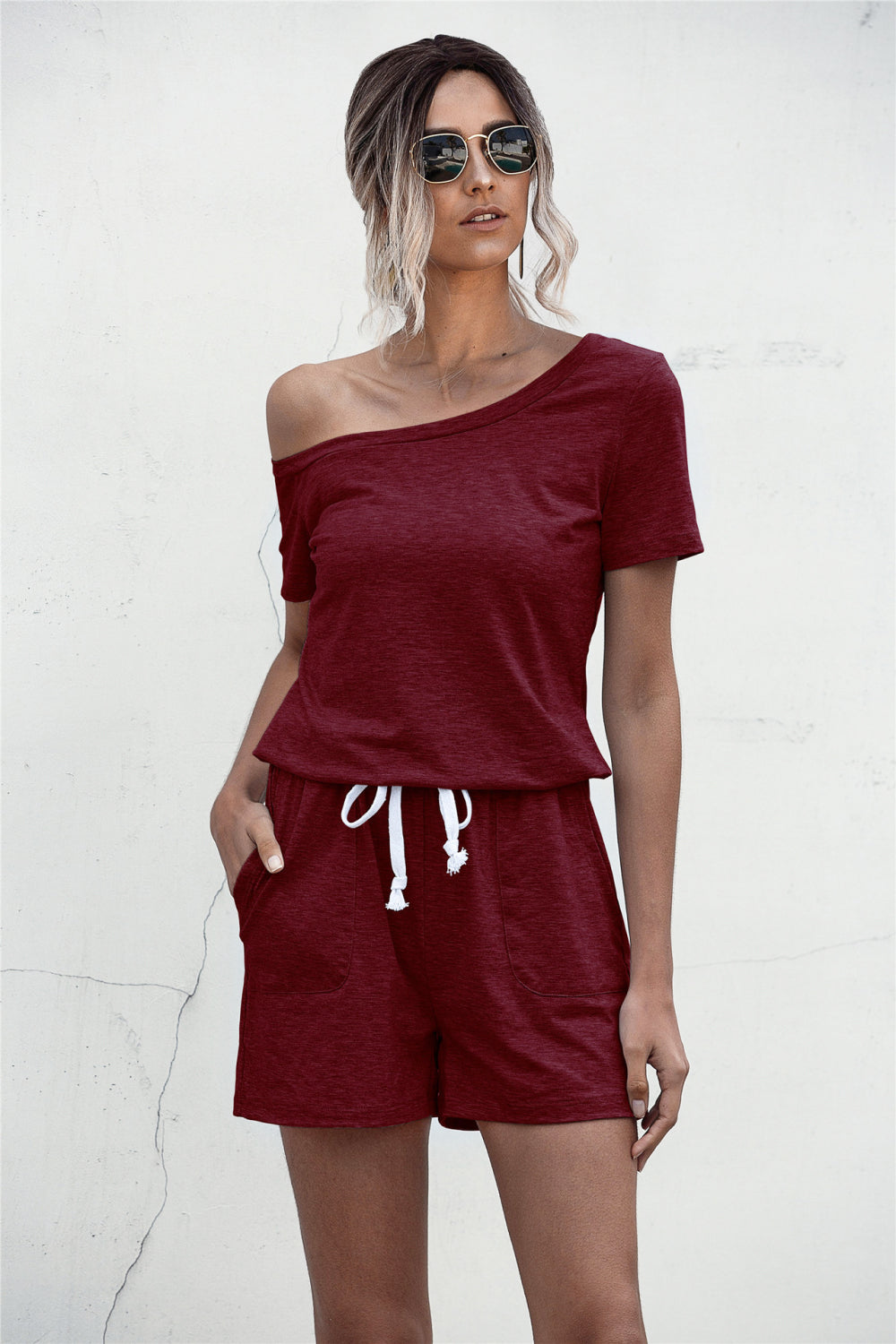 One Shoulder Tie Waist Romper - Touch Me Textures