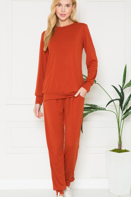 Plus Solid Long Sleeve Lounge Set