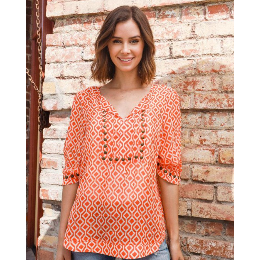 Short Sleeve  V Neck Blouse With Studs