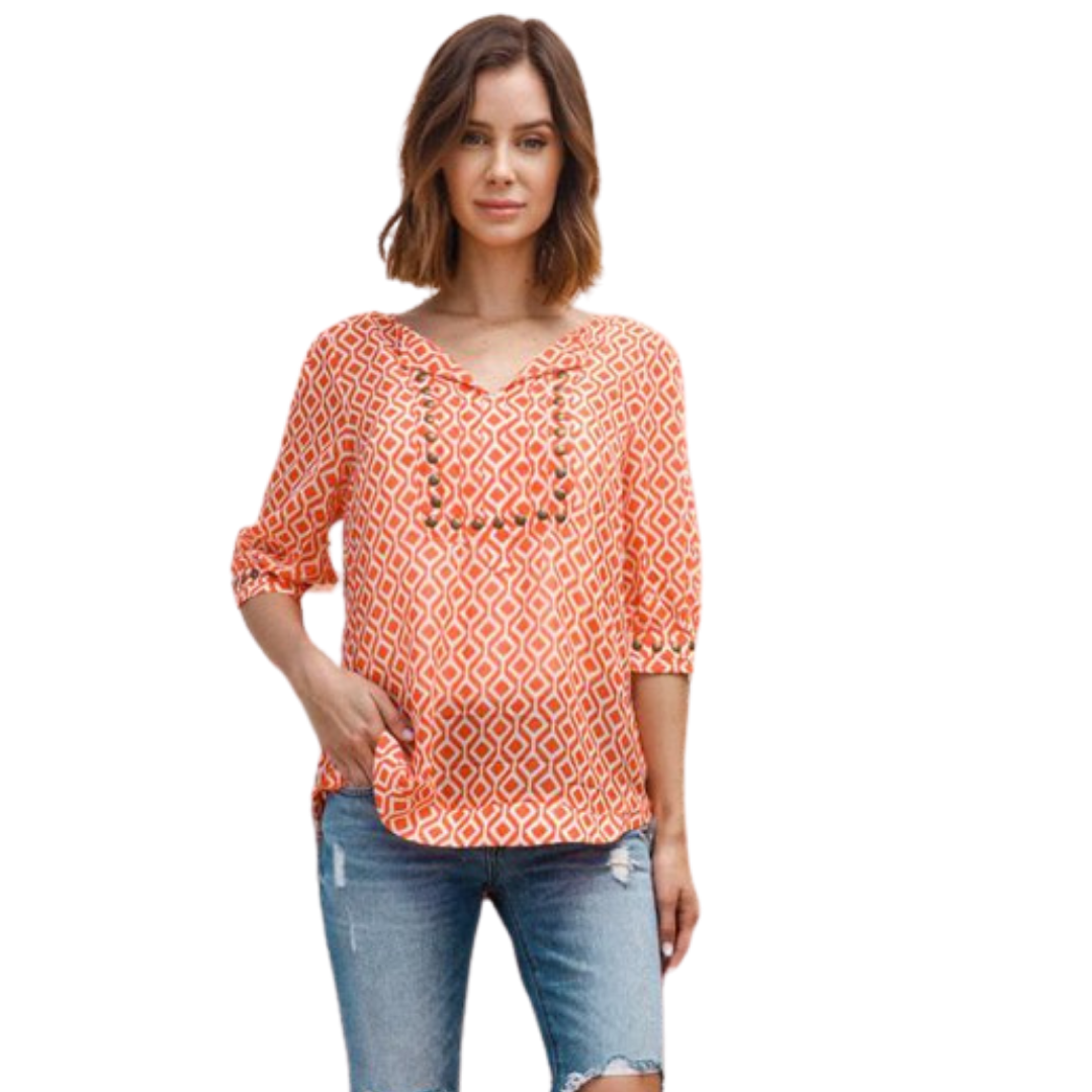 Short Sleeve  V Neck Blouse With Studs